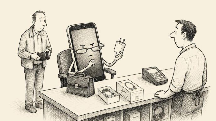 A Dutch electronics shop counter with a shopkeeper presenting a charger to a smartphone seated like an important client. The human owner stands behind the phone, passive and slightly embarrassed, while shelves of cables and adapters fill