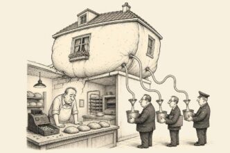 A baker looks at flat loaves while his bakery building has inflated like dough and several officials calmly collect from it, leaving the till almost empty.