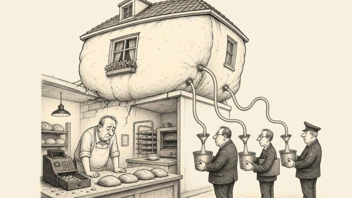 A baker looks at flat loaves while his bakery building has inflated like dough and several officials calmly collect from it, leaving the till almost empty.