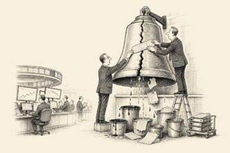 Two businesslike traders in suits place a small plaster on a huge cracked closing bell while buckets catch leaking oil, water and paperwork below.