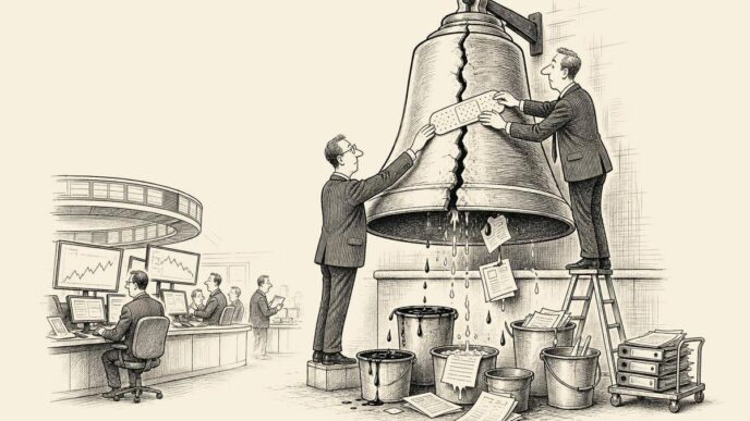 Two businesslike traders in suits place a small plaster on a huge cracked closing bell while buckets catch leaking oil, water and paperwork below.