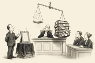 A courtroom scene where a consultant displays a glossy framed AI document, but the judge’s scales favor an ugly overstuffed binder of records.