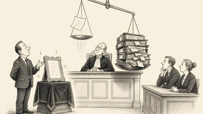 A courtroom scene where a consultant displays a glossy framed AI document, but the judge’s scales favor an ugly overstuffed binder of records.