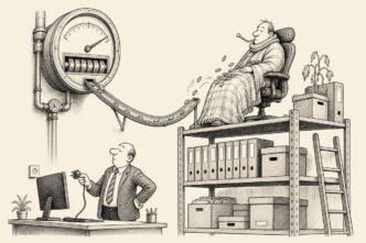 An employee sits idle on an office storage shelf while a large payroll meter continues dispensing coins to him despite the boss unplugging his computer.
