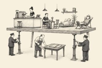 In a small café, officials install a raised floor that lifts employees, a cash register, a sickbed and a deckchair. The owner saws down the roster table legs to compensate.