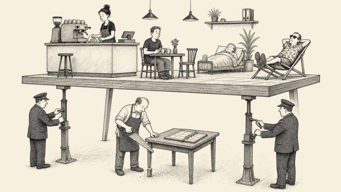In a small café, officials install a raised floor that lifts employees, a cash register, a sickbed and a deckchair. The owner saws down the roster table legs to compensate.