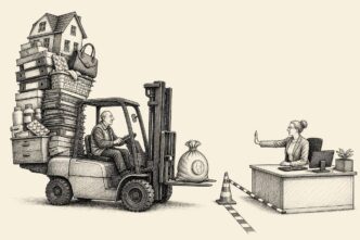 In a sober payroll office, an older warehouse worker on a forklift presents a small sack of money to HR. Behind him, the forklift’s counterweight is a huge pile of tax envelopes, a model house, medicine packages, and private paperwork,