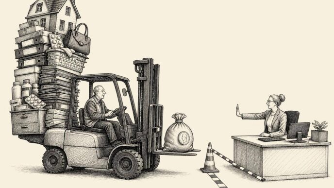 In a sober payroll office, an older warehouse worker on a forklift presents a small sack of money to HR. Behind him, the forklift’s counterweight is a huge pile of tax envelopes, a model house, medicine packages, and private paperwork,
