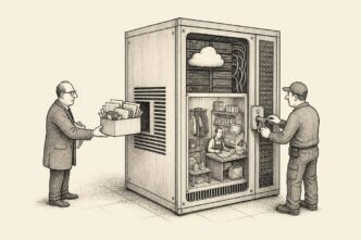 A small office is built inside one compartment of a huge server rack. A technician outside changes the lock on the rack door. The business owner inside passes files through the vents to a regulator standing in the hallway.