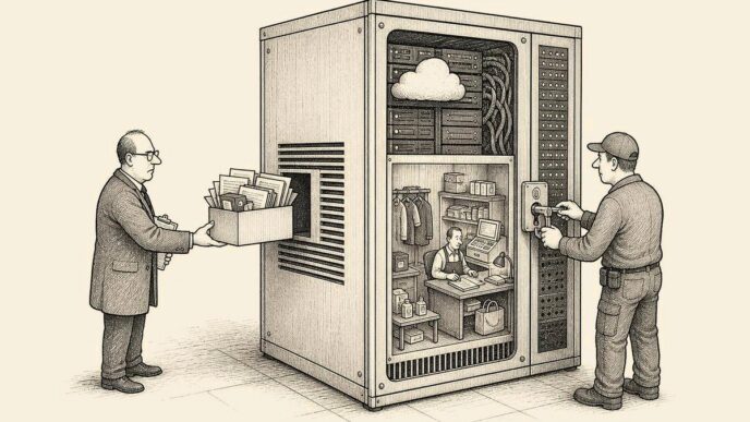 A small office is built inside one compartment of a huge server rack. A technician outside changes the lock on the rack door. The business owner inside passes files through the vents to a regulator standing in the hallway.