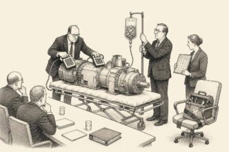 A boardroom has been turned into a medical triage room. A large machine is treated on a stretcher by finance staff, while a small maintenance toolbox waits calmly in a chair.