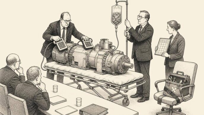A boardroom has been turned into a medical triage room. A large machine is treated on a stretcher by finance staff, while a small maintenance toolbox waits calmly in a chair.