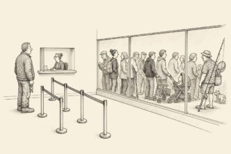 A public labour-market counter with a nearly empty hiring queue. A small employer holding van keys looks puzzled. Most people have moved through a broad side passage behind glass, shown with props suggesting study, care, illness,