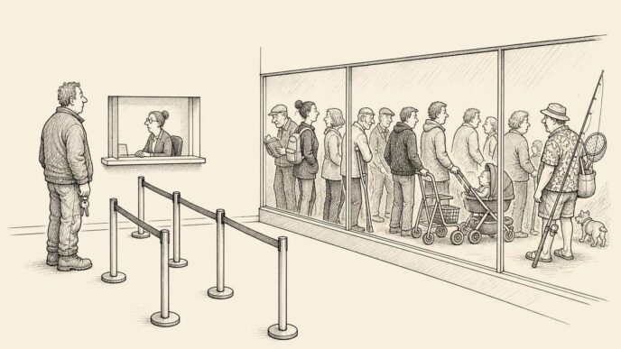A public labour-market counter with a nearly empty hiring queue. A small employer holding van keys looks puzzled. Most people have moved through a broad side passage behind glass, shown with props suggesting study, care, illness,