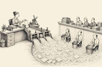 A payroll desk is shown as a miniature polder canal and sluice; one crumpled roster note blocks it, flooding a large public counter with paperwork.