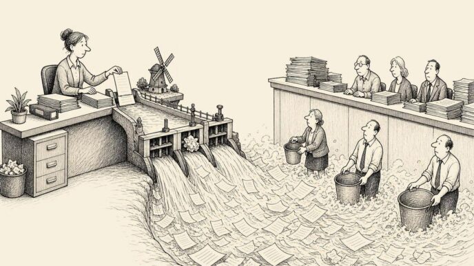 A payroll desk is shown as a miniature polder canal and sluice; one crumpled roster note blocks it, flooding a large public counter with paperwork.