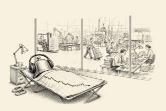 A stock-exchange bell sleeps on a small office cot while a warehouse and factory behind it keep operating under bright lights.