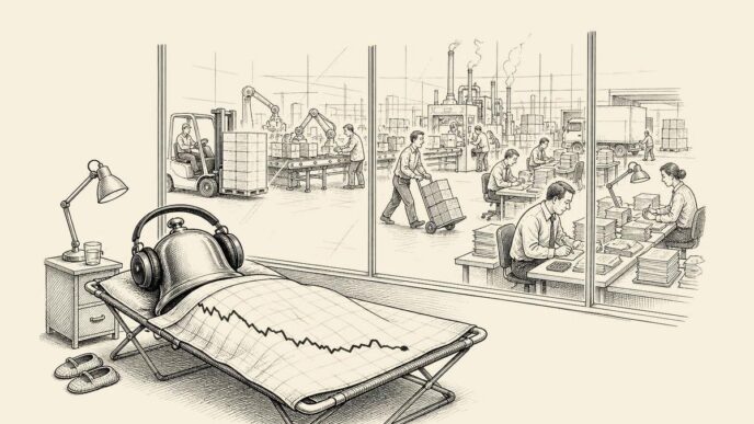 A stock-exchange bell sleeps on a small office cot while a warehouse and factory behind it keep operating under bright lights.
