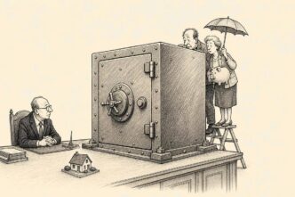 A single-panel cartoon set in a sober notary office. On a conference table is a small model house. In front of the house sits a huge metal bank safe, dominating the scene. Behind it, two parents stand on a little folding stool holding a
