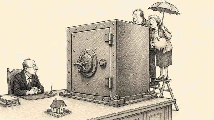 A single-panel cartoon set in a sober notary office. On a conference table is a small model house. In front of the house sits a huge metal bank safe, dominating the scene. Behind it, two parents stand on a little folding stool holding a