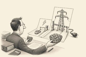 An accountant studies an energy bill that physically turns into a toll gate for electricity, with a small plug stopped by a barrier and a large pylon-shaped charge looming over the desk.