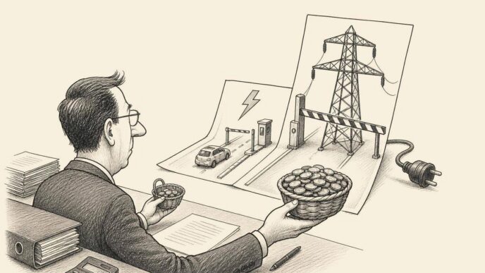 An accountant studies an energy bill that physically turns into a toll gate for electricity, with a small plug stopped by a barrier and a large pylon-shaped charge looming over the desk.