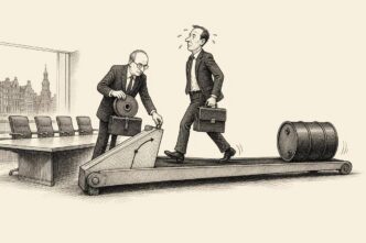 A businesslike fitness test in a boardroom: the AEX as an office worker struggles on a treadmill while a suited instructor adds weight and an oil barrel rolls behind him.