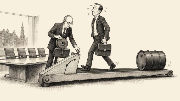 A businesslike fitness test in a boardroom: the AEX as an office worker struggles on a treadmill while a suited instructor adds weight and an oil barrel rolls behind him.