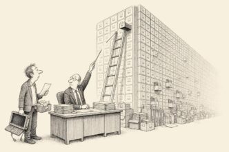A founder with a small letter stands before an impossibly large warehouse of filing cabinets that has appeared inside the office. A tax officer points to one distant drawer while the founder holds a tiny receipt box and an old laptop.