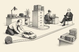 An office team measures an absurdly long route through the office for a small company car, with a tax inspector waiting at the end.