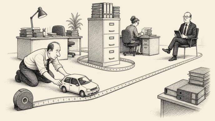 An office team measures an absurdly long route through the office for a small company car, with a tax inspector waiting at the end.