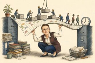 Linda, drawn as a composed Dutch business insider, braces a giant weekly roster sheet being used as a bridge between office filing cabinets while small officials add heavy policy blocks and workers cross toward a Monday clock.