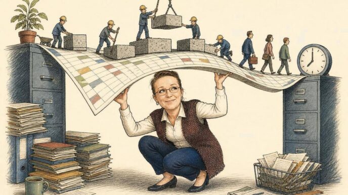 Linda, drawn as a composed Dutch business insider, braces a giant weekly roster sheet being used as a bridge between office filing cabinets while small officials add heavy policy blocks and workers cross toward a Monday clock.