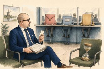 Paolo Maria sits in a plain institutional waiting room holding an invoice. Personified office documents for payroll, tax and supplier costs are already at a service counter, while an hourglass occupies the empty chair beside him. No