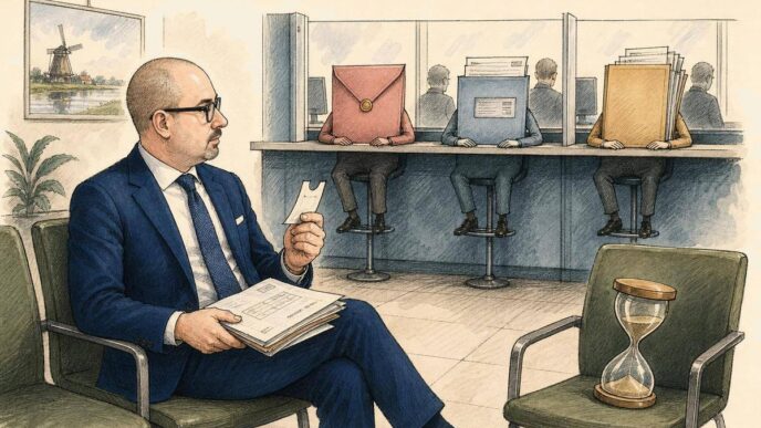 Paolo Maria sits in a plain institutional waiting room holding an invoice. Personified office documents for payroll, tax and supplier costs are already at a service counter, while an hourglass occupies the empty chair beside him. No