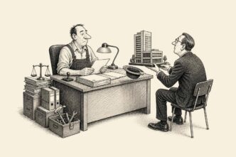 A small contractor in a modest office acts like a bank manager, interviewing a nervous corporate buyer who offers a miniature office building as collateral for an unpaid invoice.