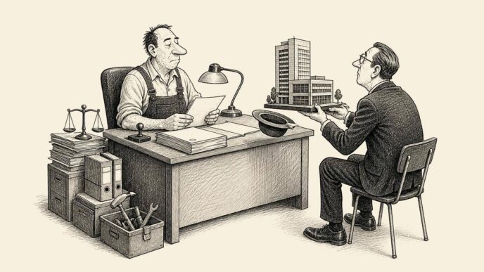 A small contractor in a modest office acts like a bank manager, interviewing a nervous corporate buyer who offers a miniature office building as collateral for an unpaid invoice.
