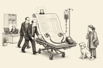Business managers rush a huge invoice on a medical stretcher through an office while a healthy dog and its owner watch from the side.