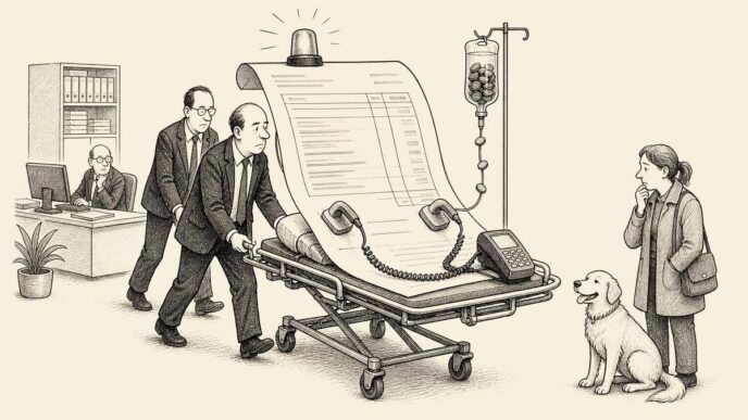 Business managers rush a huge invoice on a medical stretcher through an office while a healthy dog and its owner watch from the side.