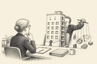 In an office interview, a tied apartment block sits before an HR officer. Behind it, a property director secretly pulls strings connected to business decisions, making the passive portfolio look absurdly active.