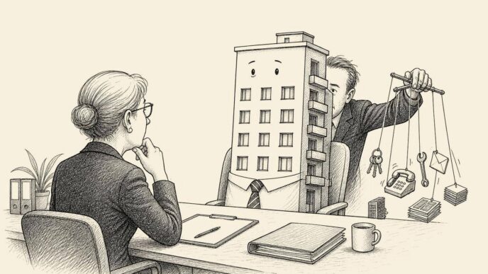 In an office interview, a tied apartment block sits before an HR officer. Behind it, a property director secretly pulls strings connected to business decisions, making the passive portfolio look absurdly active.