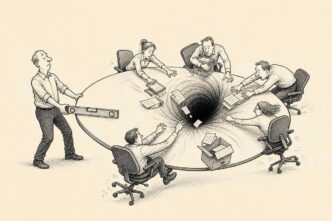 A modest office meeting room with six chairs around a table. One chair is missing and in its place is an absurd dark gap sucking in paperwork and office objects. A founder with a spirit level tries to keep the table straight. No words
