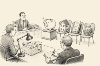 An accountant’s office staged like a courtroom, with a piggy bank raising a hoof as a witness while folders, a tiny model house and savings jar wait to be examined by a tax inspector.