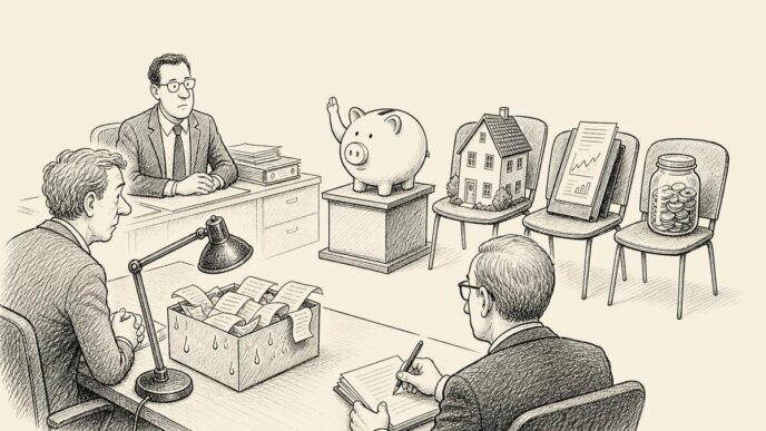 An accountant’s office staged like a courtroom, with a piggy bank raising a hoof as a witness while folders, a tiny model house and savings jar wait to be examined by a tax inspector.