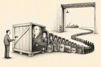 A warehouse worker scans a shipping crate and gets a green light, while a long comic chain of corporate dolls, payment symbols, route arrows, and hidden users trails from the back of the crate.
