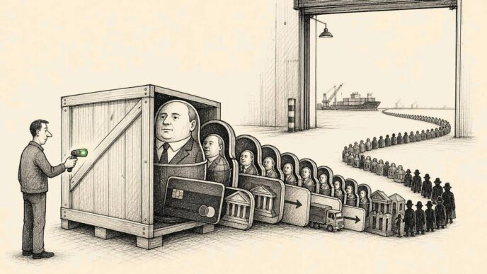 A warehouse worker scans a shipping crate and gets a green light, while a long comic chain of corporate dolls, payment symbols, route arrows, and hidden users trails from the back of the crate.
