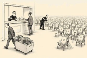 A founder at a police counter watches her crime report placed on a tiny chair behind countless waiting folders, while she pulls away a much larger box of evidence.