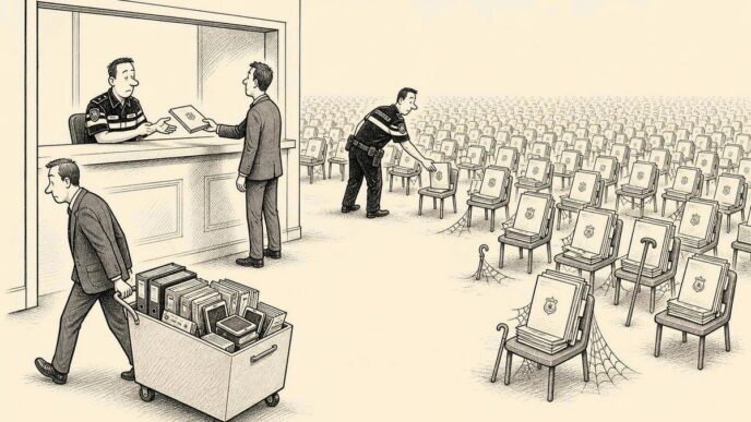A founder at a police counter watches her crime report placed on a tiny chair behind countless waiting folders, while she pulls away a much larger box of evidence.