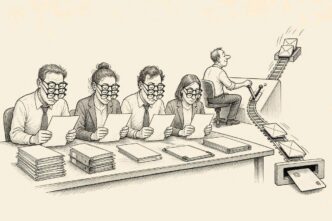 In a plain office beside a meat factory floor, four compliance employees with many glasses inspect paperwork. Behind them, a payroll clerk operates a lever that diverts envelopes of money away from a waiting worker’s bank card.