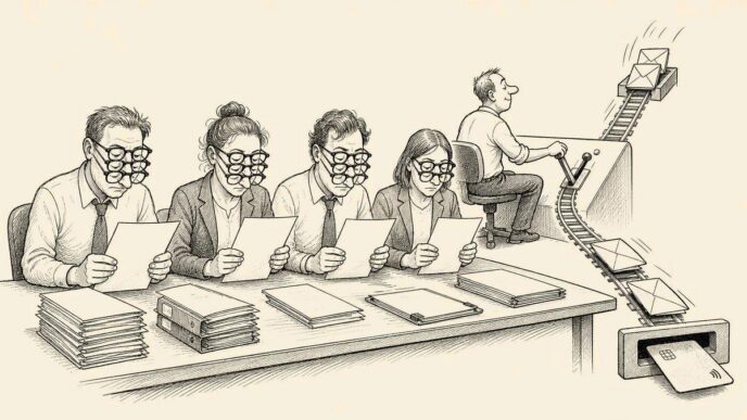 In a plain office beside a meat factory floor, four compliance employees with many glasses inspect paperwork. Behind them, a payroll clerk operates a lever that diverts envelopes of money away from a waiting worker’s bank card.